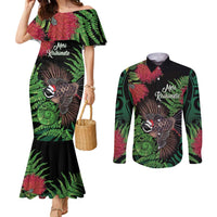 Meri Kirihimete New Zealand Couples Matching Mermaid Dress and Long Sleeve Button Shirt Piwakawaka Koru Fern Mix Pohutukawa LT14 Black - Polynesian Pride