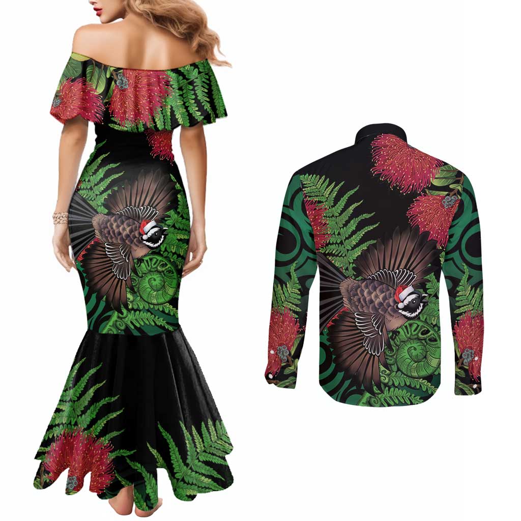 Meri Kirihimete New Zealand Couples Matching Mermaid Dress and Long Sleeve Button Shirt Piwakawaka Koru Fern Mix Pohutukawa LT14 - Polynesian Pride