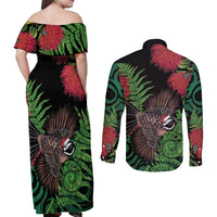 Meri Kirihimete New Zealand Couples Matching Off Shoulder Maxi Dress and Long Sleeve Button Shirt Piwakawaka Koru Fern Mix Pohutukawa LT14 - Polynesian Pride
