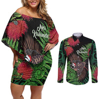 Meri Kirihimete New Zealand Couples Matching Off Shoulder Short Dress and Long Sleeve Button Shirt Piwakawaka Koru Fern Mix Pohutukawa LT14 Black - Polynesian Pride