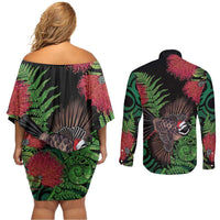 Meri Kirihimete New Zealand Couples Matching Off Shoulder Short Dress and Long Sleeve Button Shirt Piwakawaka Koru Fern Mix Pohutukawa LT14 - Polynesian Pride