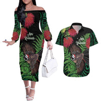 Meri Kirihimete New Zealand Couples Matching Off The Shoulder Long Sleeve Dress and Hawaiian Shirt Piwakawaka Koru Fern Mix Pohutukawa - Polynesian Pride