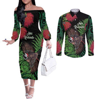 Meri Kirihimete New Zealand Couples Matching Off The Shoulder Long Sleeve Dress and Long Sleeve Button Shirt Piwakawaka Koru Fern Mix Pohutukawa LT14 Black - Polynesian Pride