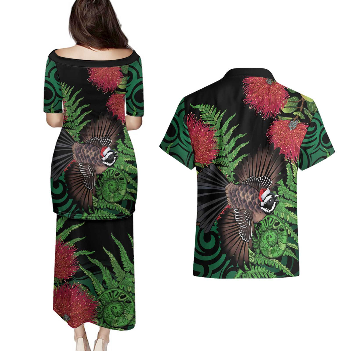 Meri Kirihimete New Zealand Couples Matching Puletasi and Hawaiian Shirt Piwakawaka Koru Fern Mix Pohutukawa LT14 - Polynesian Pride