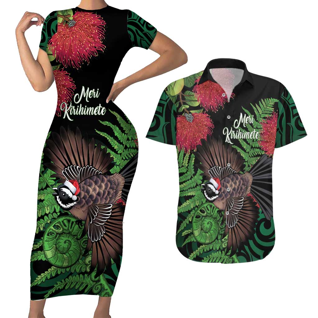 Meri Kirihimete New Zealand Couples Matching Short Sleeve Bodycon Dress and Hawaiian Shirt Piwakawaka Koru Fern Mix Pohutukawa - Polynesian Pride