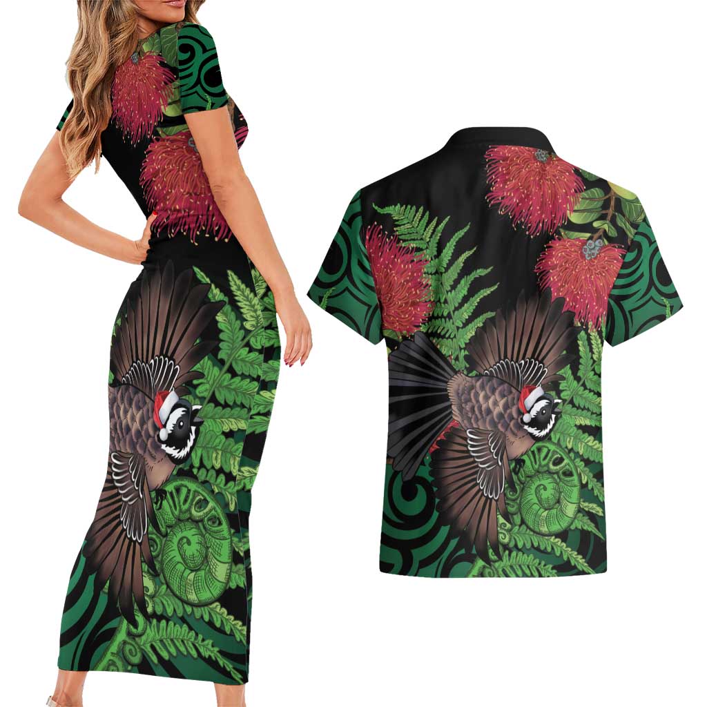 Meri Kirihimete New Zealand Couples Matching Short Sleeve Bodycon Dress and Hawaiian Shirt Piwakawaka Koru Fern Mix Pohutukawa - Polynesian Pride