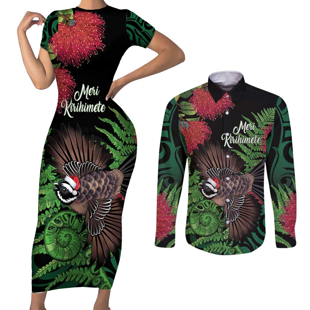 Meri Kirihimete New Zealand Couples Matching Short Sleeve Bodycon Dress and Long Sleeve Button Shirt Piwakawaka Koru Fern Mix Pohutukawa LT14 Black - Polynesian Pride