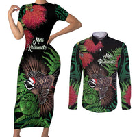 Meri Kirihimete New Zealand Couples Matching Short Sleeve Bodycon Dress and Long Sleeve Button Shirt Piwakawaka Koru Fern Mix Pohutukawa LT14 Black - Polynesian Pride