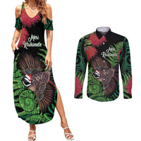 Meri Kirihimete New Zealand Couples Matching Summer Maxi Dress and Long Sleeve Button Shirt Piwakawaka Koru Fern Mix Pohutukawa LT14 Black - Polynesian Pride