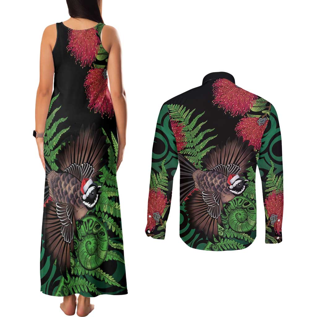 Meri Kirihimete New Zealand Couples Matching Tank Maxi Dress and Long Sleeve Button Shirt Piwakawaka Koru Fern Mix Pohutukawa LT14 - Polynesian Pride
