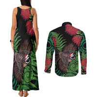 Meri Kirihimete New Zealand Couples Matching Tank Maxi Dress and Long Sleeve Button Shirt Piwakawaka Koru Fern Mix Pohutukawa LT14 - Polynesian Pride