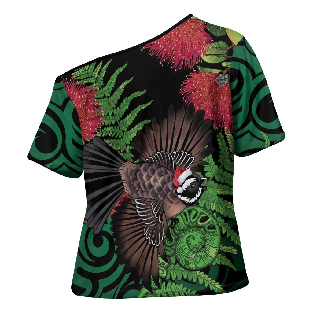 Meri Kirihimete New Zealand Cross Shoulder Shirt Piwakawaka Koru Fern Mix Pohutukawa LT14 - Polynesian Pride