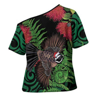 Meri Kirihimete New Zealand Cross Shoulder Shirt Piwakawaka Koru Fern Mix Pohutukawa LT14 - Polynesian Pride