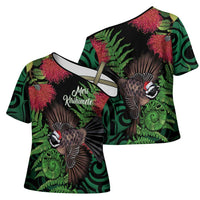 Meri Kirihimete New Zealand Cross Shoulder Shirt Piwakawaka Koru Fern Mix Pohutukawa LT14 - Polynesian Pride