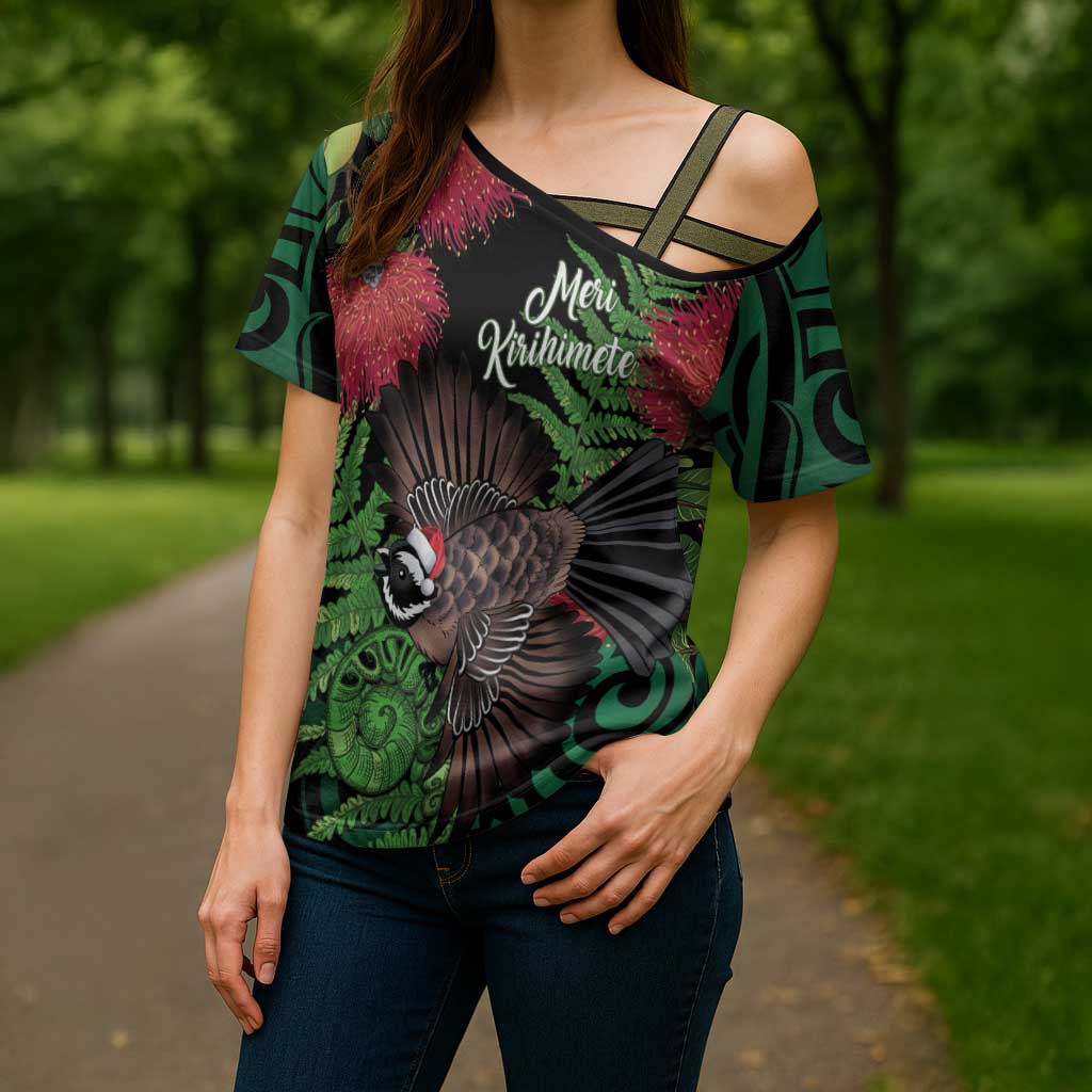 Meri Kirihimete New Zealand Cross Shoulder Shirt Piwakawaka Koru Fern Mix Pohutukawa LT14 - Polynesian Pride