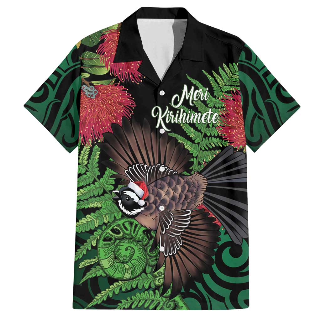 Meri Kirihimete New Zealand Family Matching Long Sleeve Bodycon Dress and Hawaiian Shirt Piwakawaka Koru Fern Mix Pohutukawa LT14 Dad's Shirt - Short Sleeve Black - Polynesian Pride