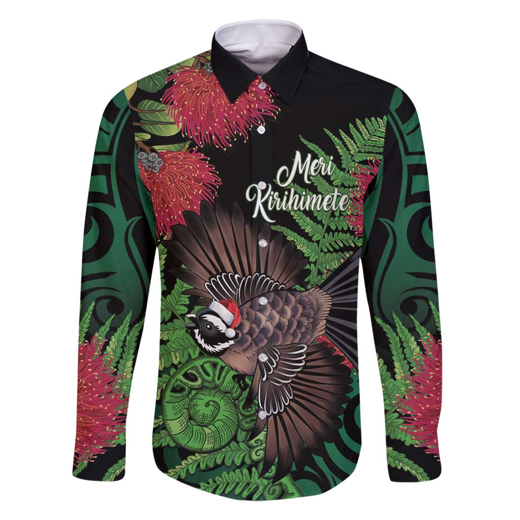 Meri Kirihimete New Zealand Family Matching Long Sleeve Bodycon Dress and Hawaiian Shirt Piwakawaka Koru Fern Mix Pohutukawa LT14 Dad's Shirt - Long Sleeve Black - Polynesian Pride