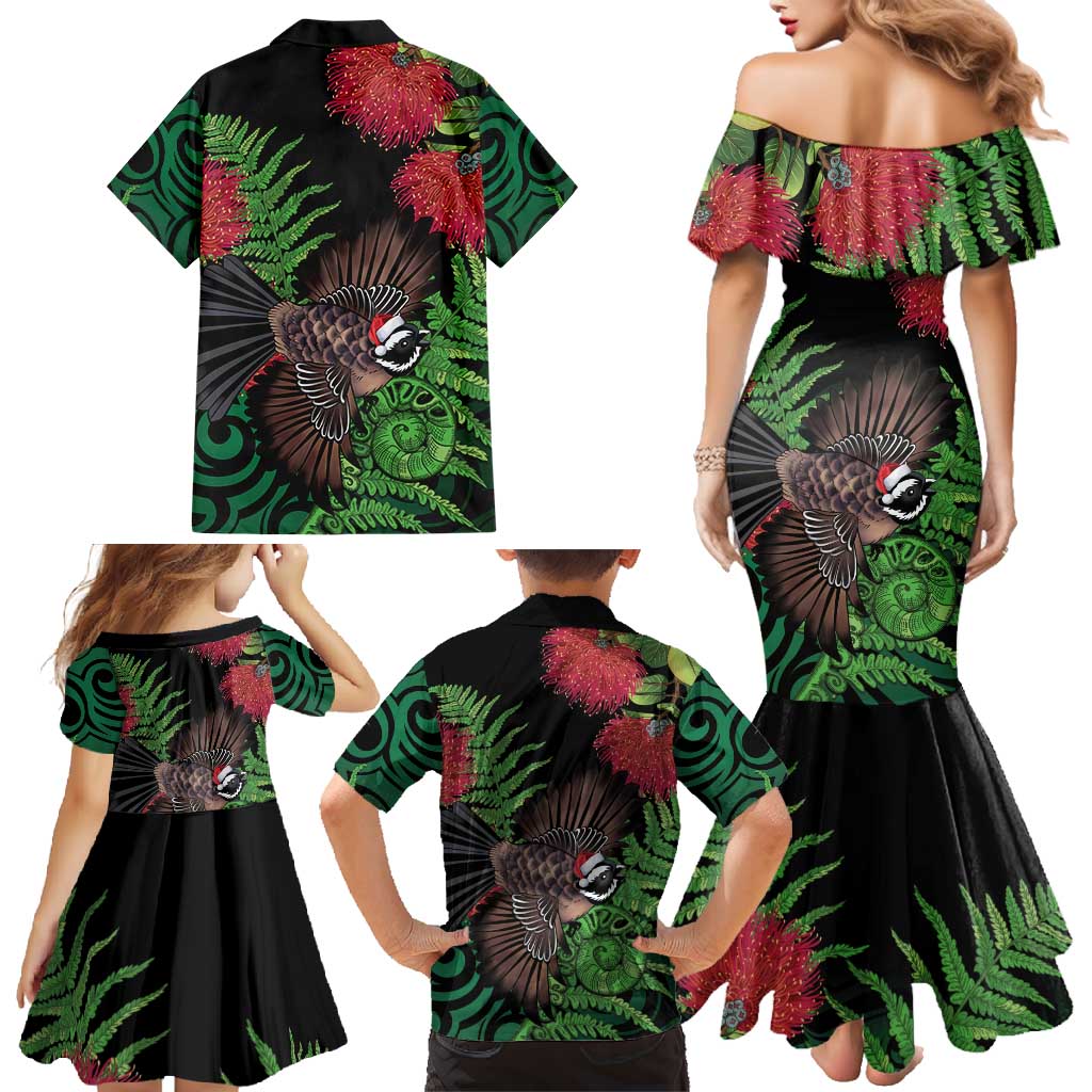 Meri Kirihimete New Zealand Family Matching Mermaid Dress and Hawaiian Shirt Piwakawaka Koru Fern Mix Pohutukawa LT14 - Polynesian Pride