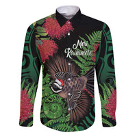 Meri Kirihimete New Zealand Family Matching Mermaid Dress and Hawaiian Shirt Piwakawaka Koru Fern Mix Pohutukawa LT14 Dad's Shirt - Long Sleeve Black - Polynesian Pride
