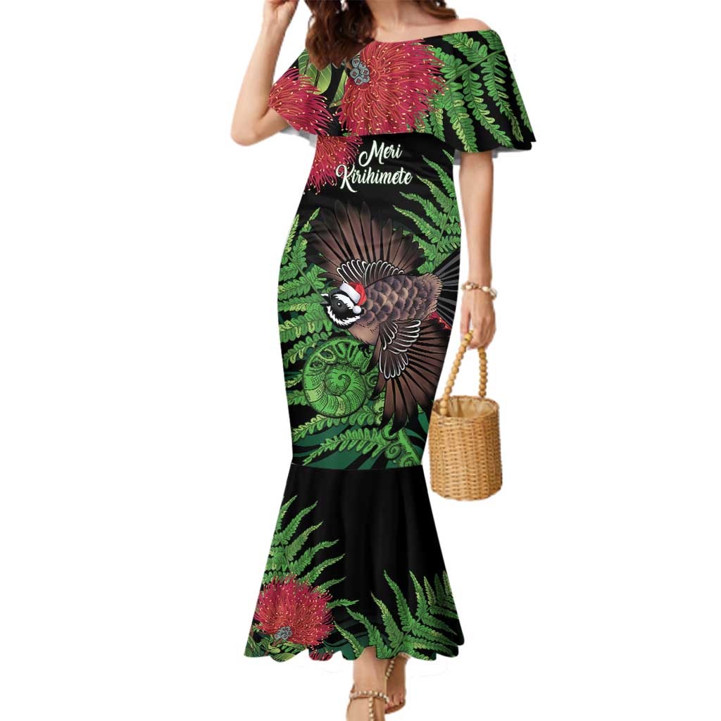 Meri Kirihimete New Zealand Family Matching Mermaid Dress and Hawaiian Shirt Piwakawaka Koru Fern Mix Pohutukawa LT14 Mom's Dress Black - Polynesian Pride