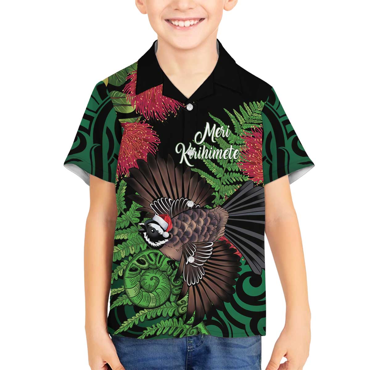 Meri Kirihimete New Zealand Family Matching Off The Shoulder Long Sleeve Dress and Hawaiian Shirt Piwakawaka Koru Fern Mix Pohutukawa - Polynesian Pride