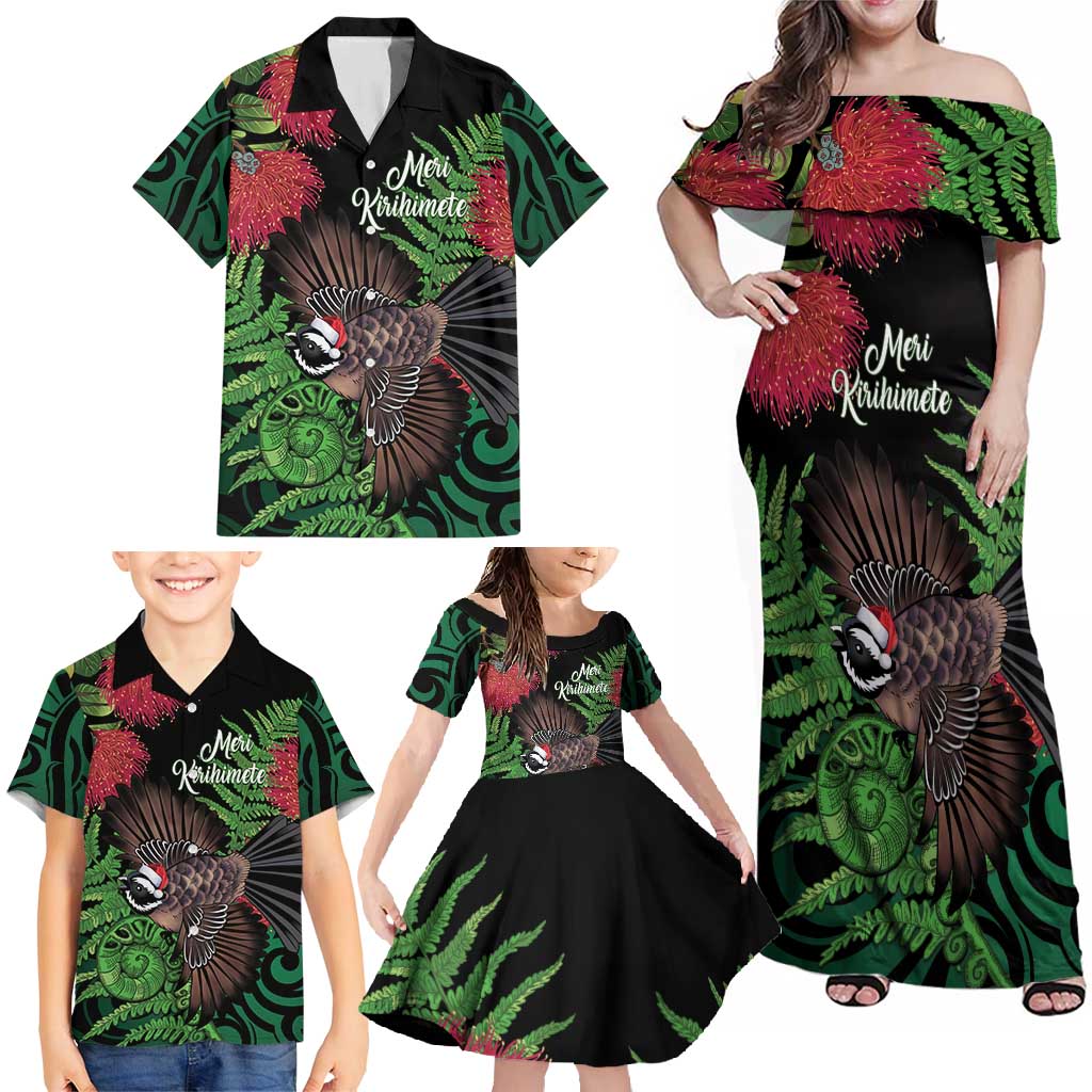 Meri Kirihimete New Zealand Family Matching Off Shoulder Maxi Dress and Hawaiian Shirt Piwakawaka Koru Fern Mix Pohutukawa - Polynesian Pride