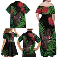 Meri Kirihimete New Zealand Family Matching Off Shoulder Maxi Dress and Hawaiian Shirt Piwakawaka Koru Fern Mix Pohutukawa - Polynesian Pride