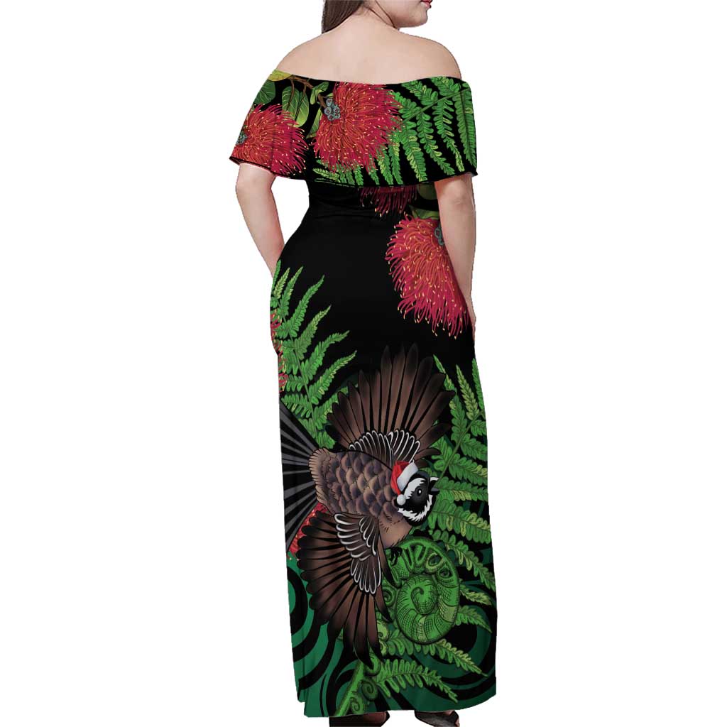 Meri Kirihimete New Zealand Family Matching Off Shoulder Maxi Dress and Hawaiian Shirt Piwakawaka Koru Fern Mix Pohutukawa - Polynesian Pride