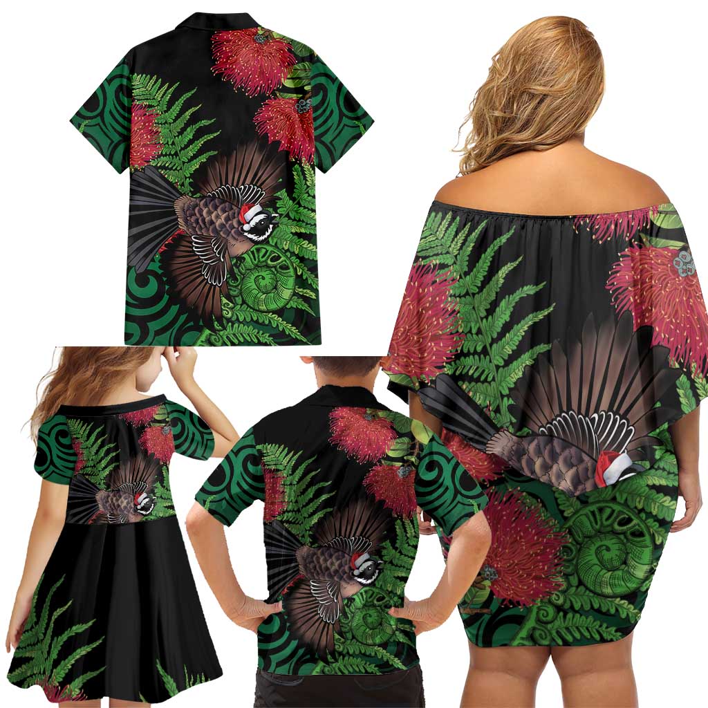 Meri Kirihimete New Zealand Family Matching Off Shoulder Short Dress and Hawaiian Shirt Piwakawaka Koru Fern Mix Pohutukawa - Polynesian Pride