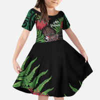 Meri Kirihimete New Zealand Family Matching Puletasi and Hawaiian Shirt Piwakawaka Koru Fern Mix Pohutukawa LT14 Daughter's Dress Black - Polynesian Pride