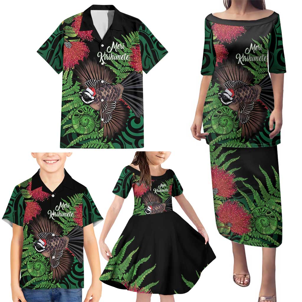Meri Kirihimete New Zealand Family Matching Puletasi and Hawaiian Shirt Piwakawaka Koru Fern Mix Pohutukawa LT14 - Polynesian Pride