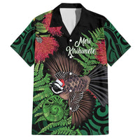 Meri Kirihimete New Zealand Family Matching Puletasi and Hawaiian Shirt Piwakawaka Koru Fern Mix Pohutukawa LT14 Dad's Shirt - Short Sleeve Black - Polynesian Pride
