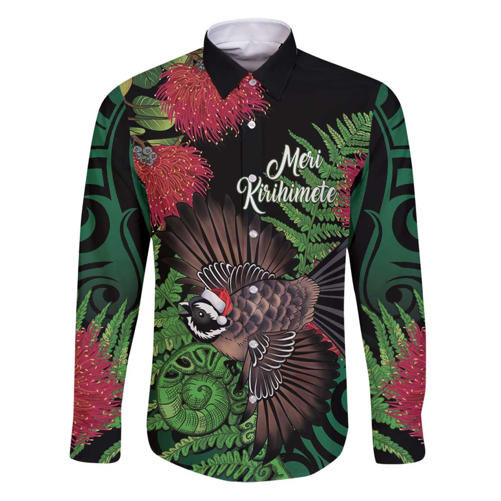 Meri Kirihimete New Zealand Family Matching Puletasi and Hawaiian Shirt Piwakawaka Koru Fern Mix Pohutukawa LT14 Dad's Shirt - Long Sleeve Black - Polynesian Pride