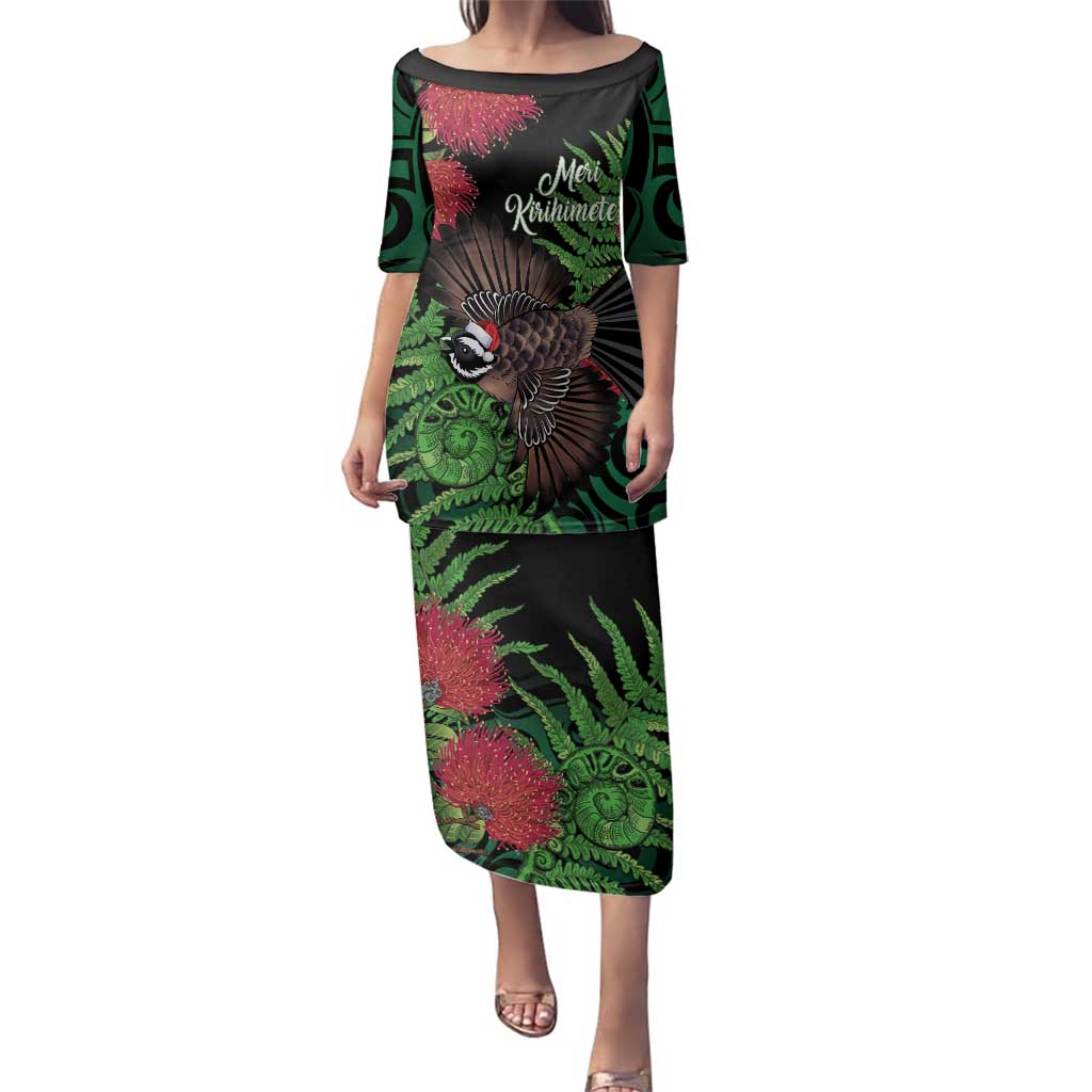 Meri Kirihimete New Zealand Family Matching Puletasi and Hawaiian Shirt Piwakawaka Koru Fern Mix Pohutukawa LT14 Mom's Dress Black - Polynesian Pride