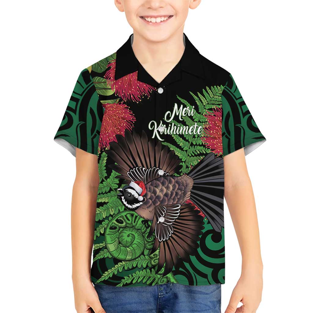Meri Kirihimete New Zealand Family Matching Puletasi and Hawaiian Shirt Piwakawaka Koru Fern Mix Pohutukawa LT14 Son's Shirt Black - Polynesian Pride