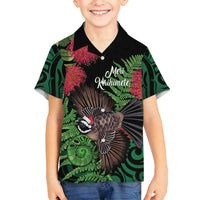 Meri Kirihimete New Zealand Family Matching Puletasi and Hawaiian Shirt Piwakawaka Koru Fern Mix Pohutukawa LT14 Son's Shirt Black - Polynesian Pride