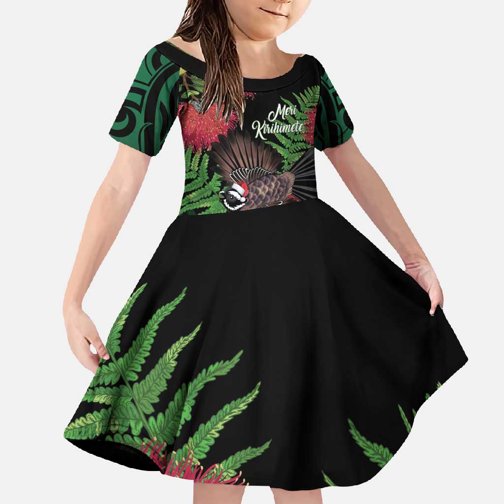 Meri Kirihimete New Zealand Family Matching Short Sleeve Bodycon Dress and Hawaiian Shirt Piwakawaka Koru Fern Mix Pohutukawa LT14 Daughter's Dress Black - Polynesian Pride