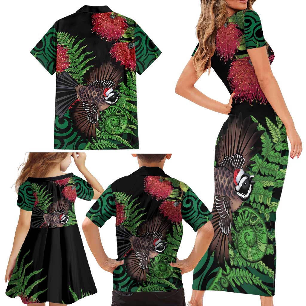 Meri Kirihimete New Zealand Family Matching Short Sleeve Bodycon Dress and Hawaiian Shirt Piwakawaka Koru Fern Mix Pohutukawa LT14 - Polynesian Pride