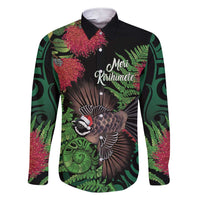 Meri Kirihimete New Zealand Family Matching Short Sleeve Bodycon Dress and Hawaiian Shirt Piwakawaka Koru Fern Mix Pohutukawa LT14 Dad's Shirt - Long Sleeve Black - Polynesian Pride