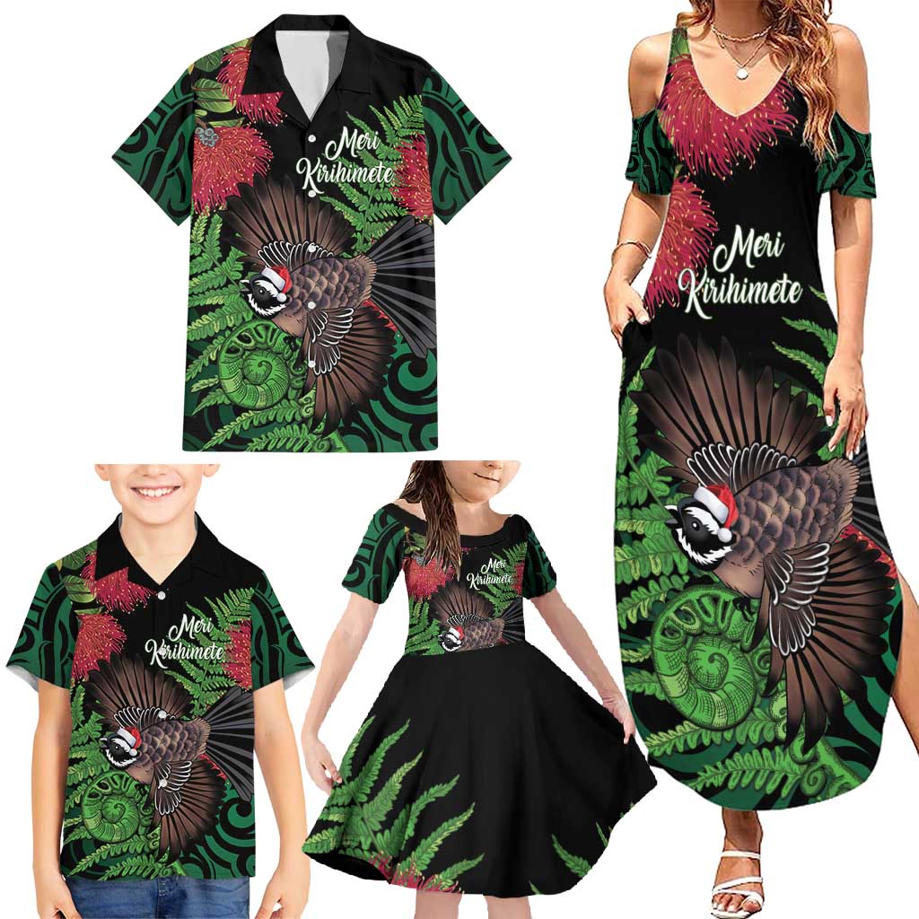 Meri Kirihimete New Zealand Family Matching Summer Maxi Dress and Hawaiian Shirt Piwakawaka Koru Fern Mix Pohutukawa - Polynesian Pride