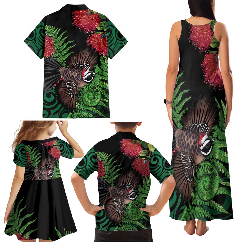 Meri Kirihimete New Zealand Family Matching Tank Maxi Dress and Hawaiian Shirt Piwakawaka Koru Fern Mix Pohutukawa - Polynesian Pride
