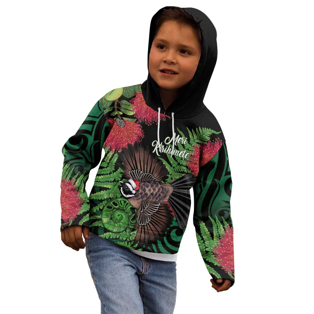 Meri Kirihimete New Zealand Kid Hoodie Piwakawaka Koru Fern Mix Pohutukawa - Polynesian Pride