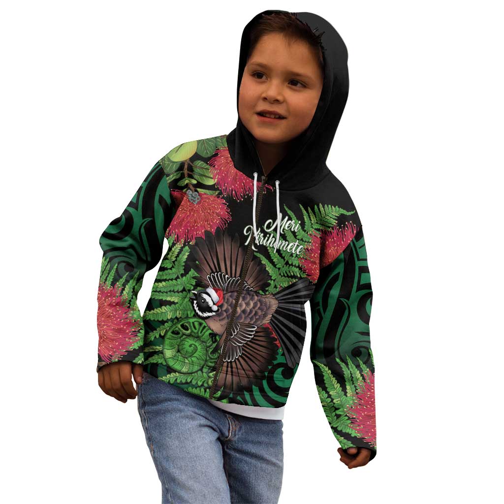 Meri Kirihimete New Zealand Kid Hoodie Piwakawaka Koru Fern Mix Pohutukawa - Polynesian Pride