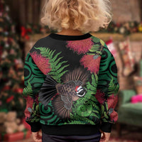 Meri Kirihimete New Zealand Kid Ugly Christmas Sweater Piwakawaka Koru Fern Mix Pohutukawa - Polynesian Pride