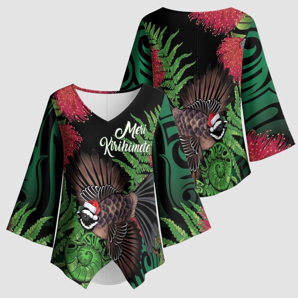 Meri Kirihimete New Zealand Kimono Sleeve Blouse Piwakawaka Koru Fern Mix Pohutukawa - Polynesian Pride
