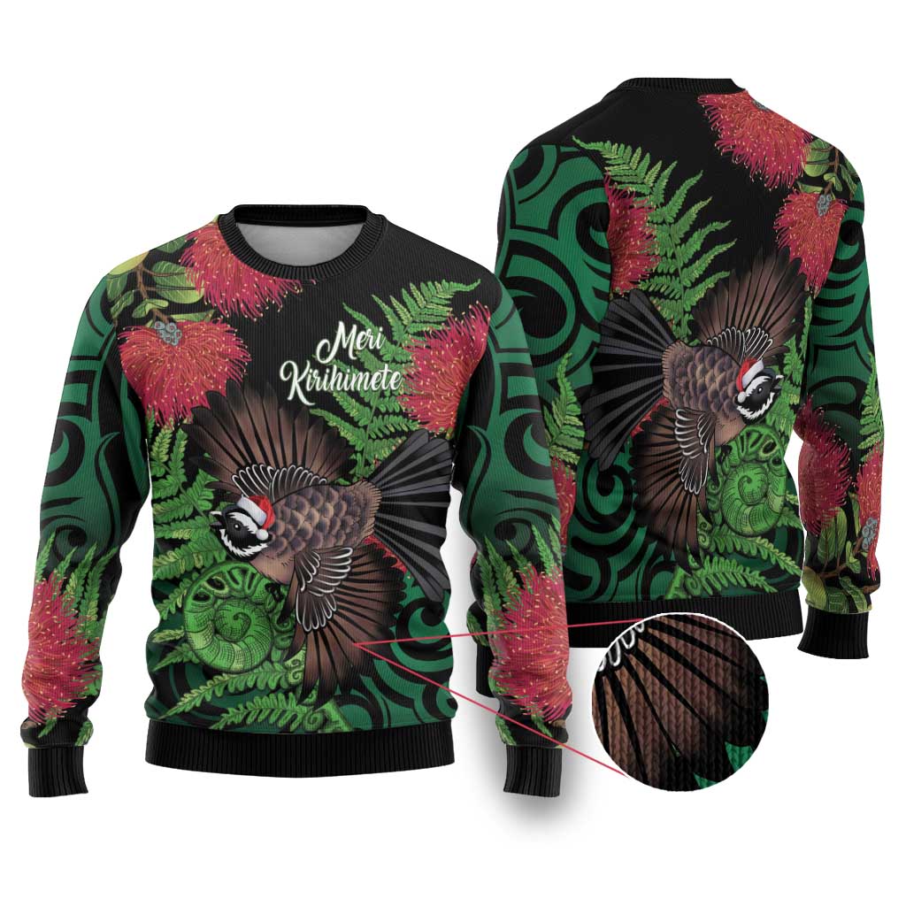 Meri Kirihimete New Zealand Ugly Christmas Sweater Piwakawaka Koru Fern Mix Pohutukawa - Polynesian Pride