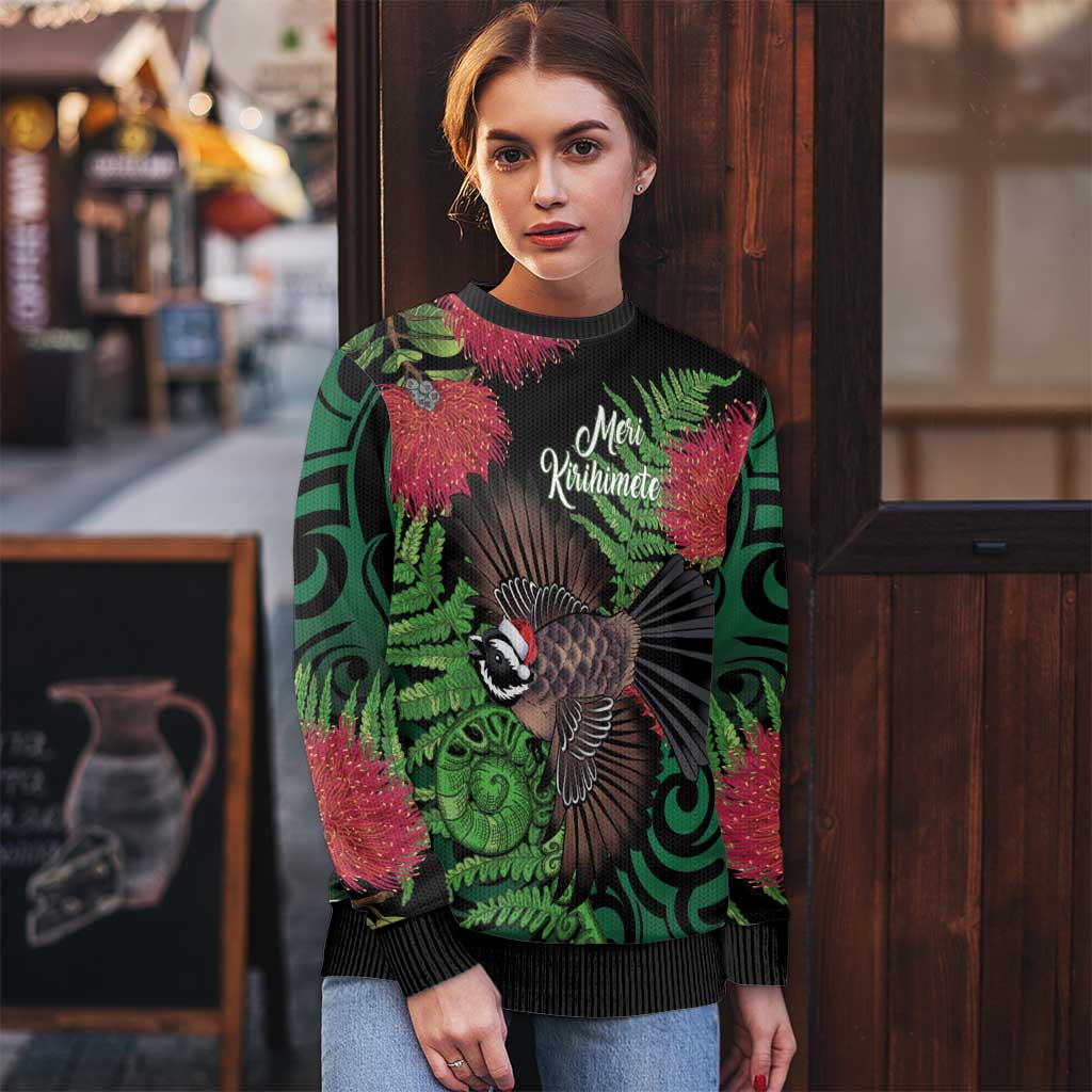 Meri Kirihimete New Zealand Ugly Christmas Sweater Piwakawaka Koru Fern Mix Pohutukawa - Polynesian Pride