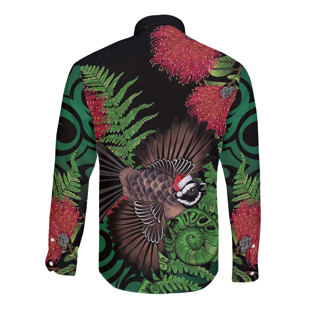 Meri Kirihimete New Zealand Long Sleeve Button Shirt Piwakawaka Koru Fern Mix Pohutukawa LT14 - Polynesian Pride