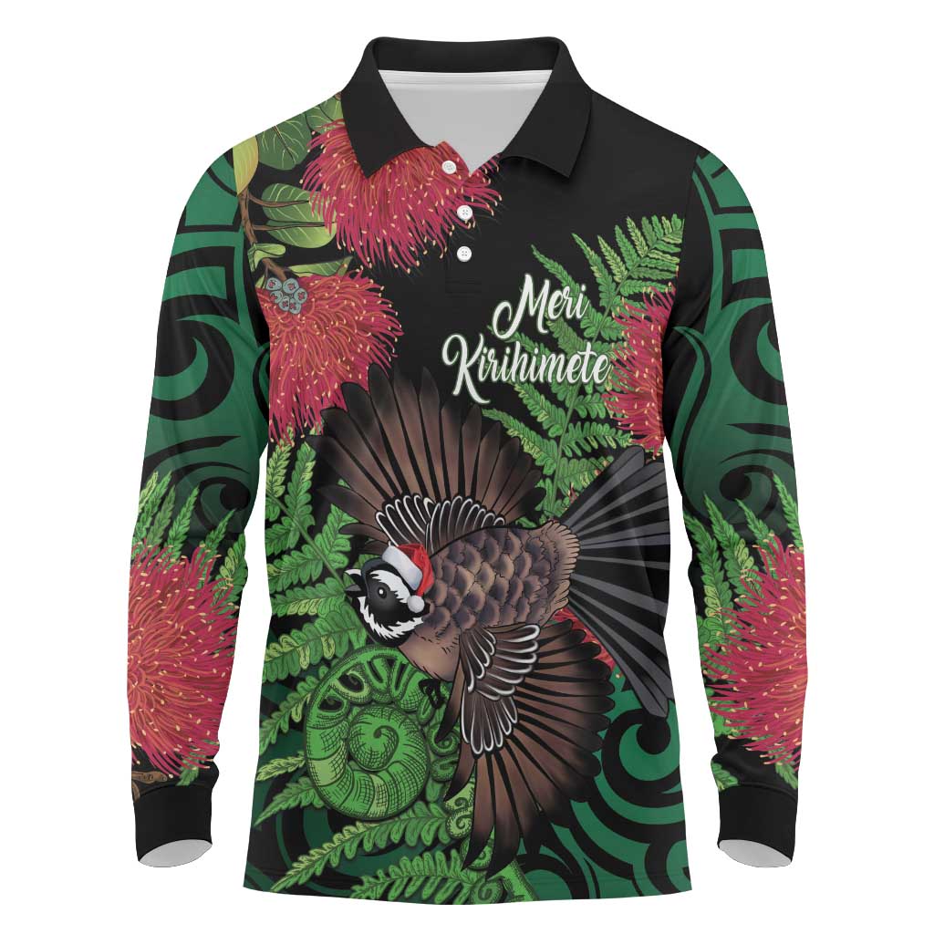 Meri Kirihimete New Zealand Long Sleeve Polo Shirt Piwakawaka Koru Fern Mix Pohutukawa LT14 Black - Polynesian Pride