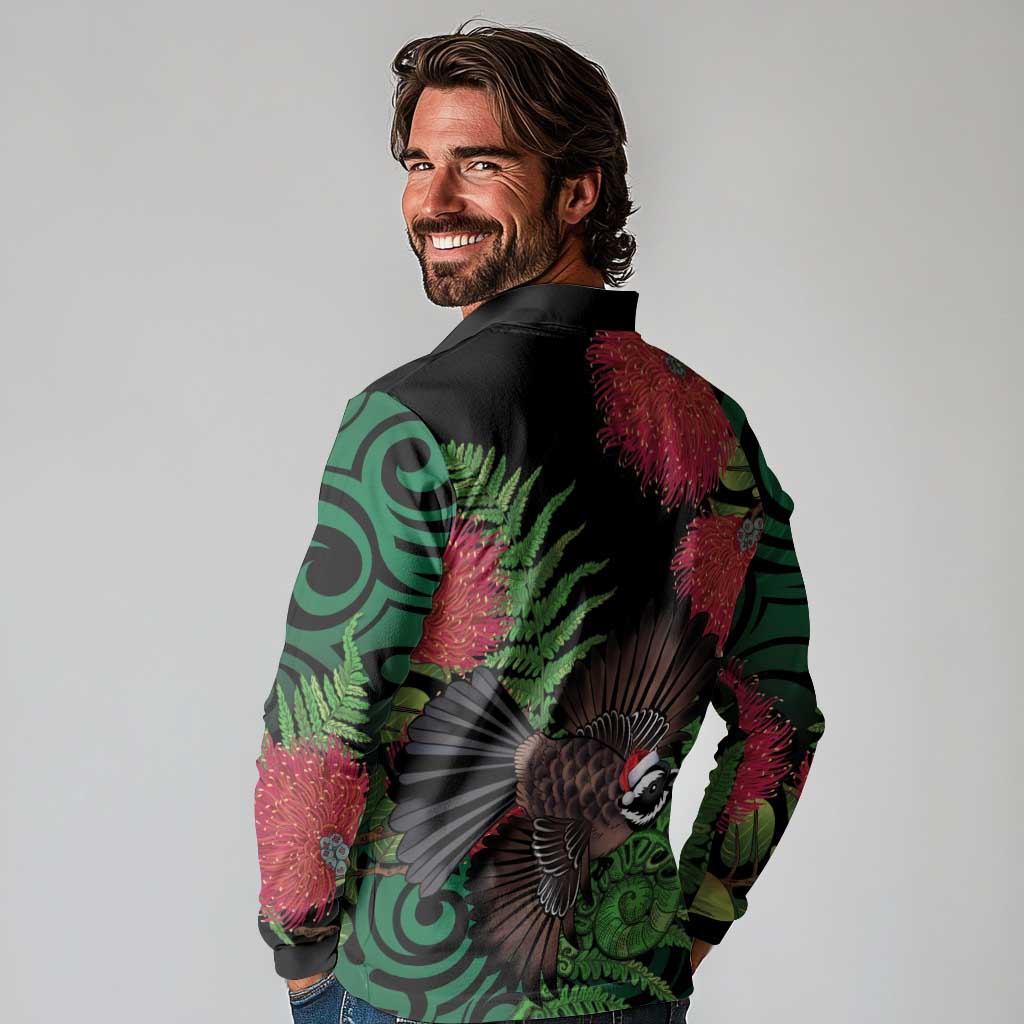 Meri Kirihimete New Zealand Long Sleeve Polo Shirt Piwakawaka Koru Fern Mix Pohutukawa LT14 - Polynesian Pride